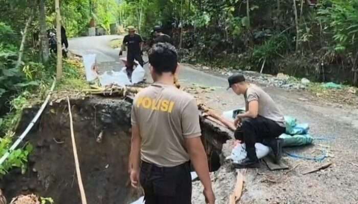 Gotong Royong Polres Lumajang dan Warga Pasang Ratusan Bronjong di Lokasi Longsor